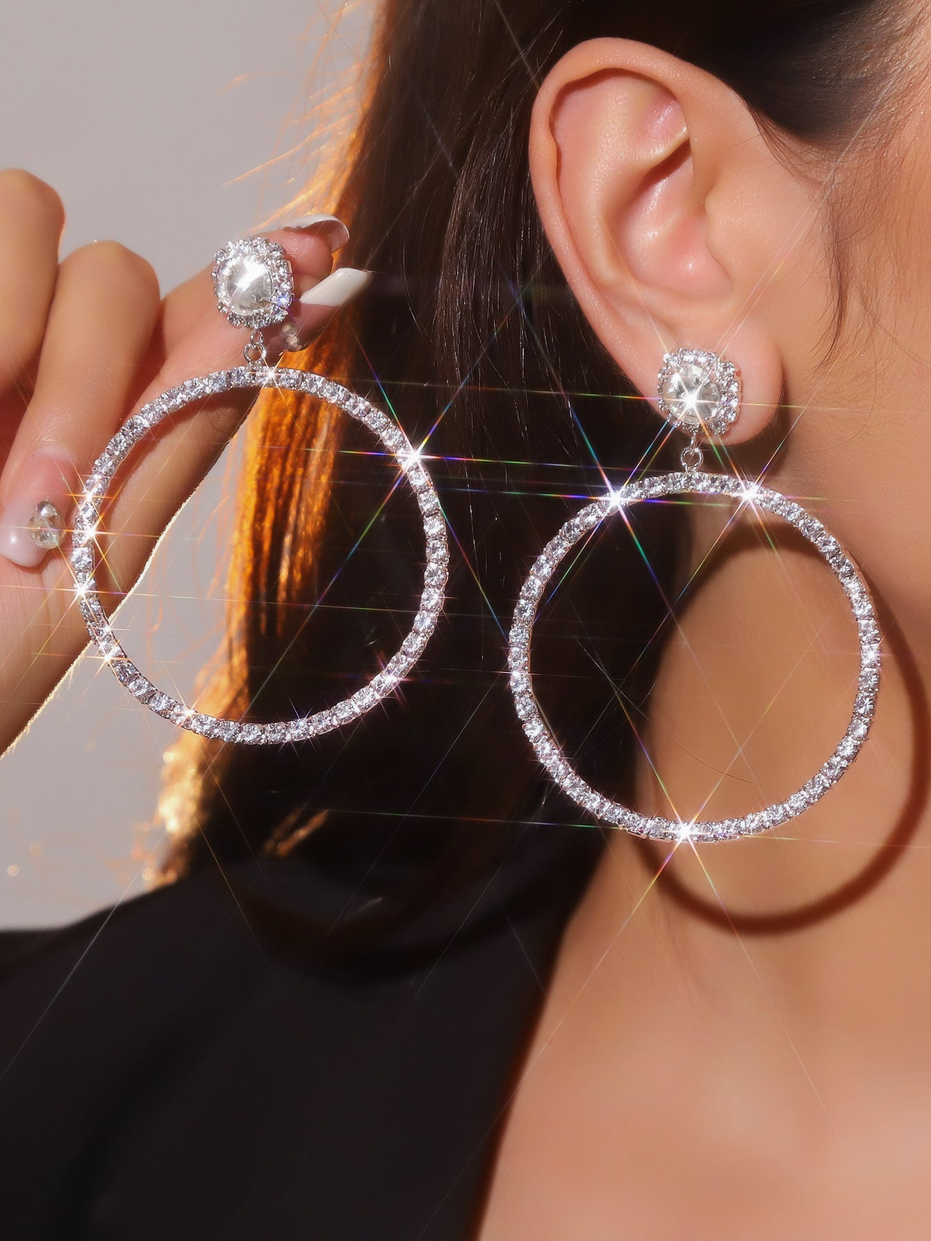 Hot-selling in Europe and the United States, luxury shiny rhinestone big earrings for women, exaggerated personality big circle ear jewelry wholesale