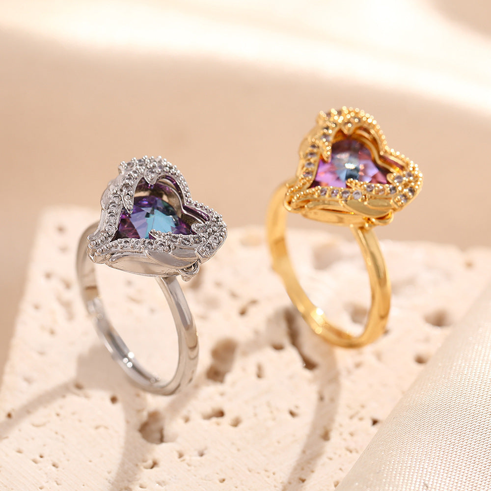 Hot Sale in Japan and South Korea Colorful Colorful Love Zircon Ring Women's Fashion Versatile Color Changing Peach Heart Rings Jewelry