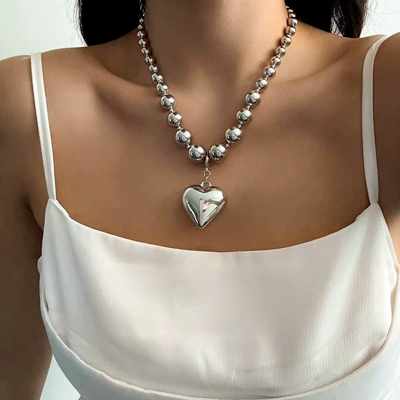 European and American jewelry geometric exaggerated large round beads love pendant punk beaded collar collarbone chain necklace women
