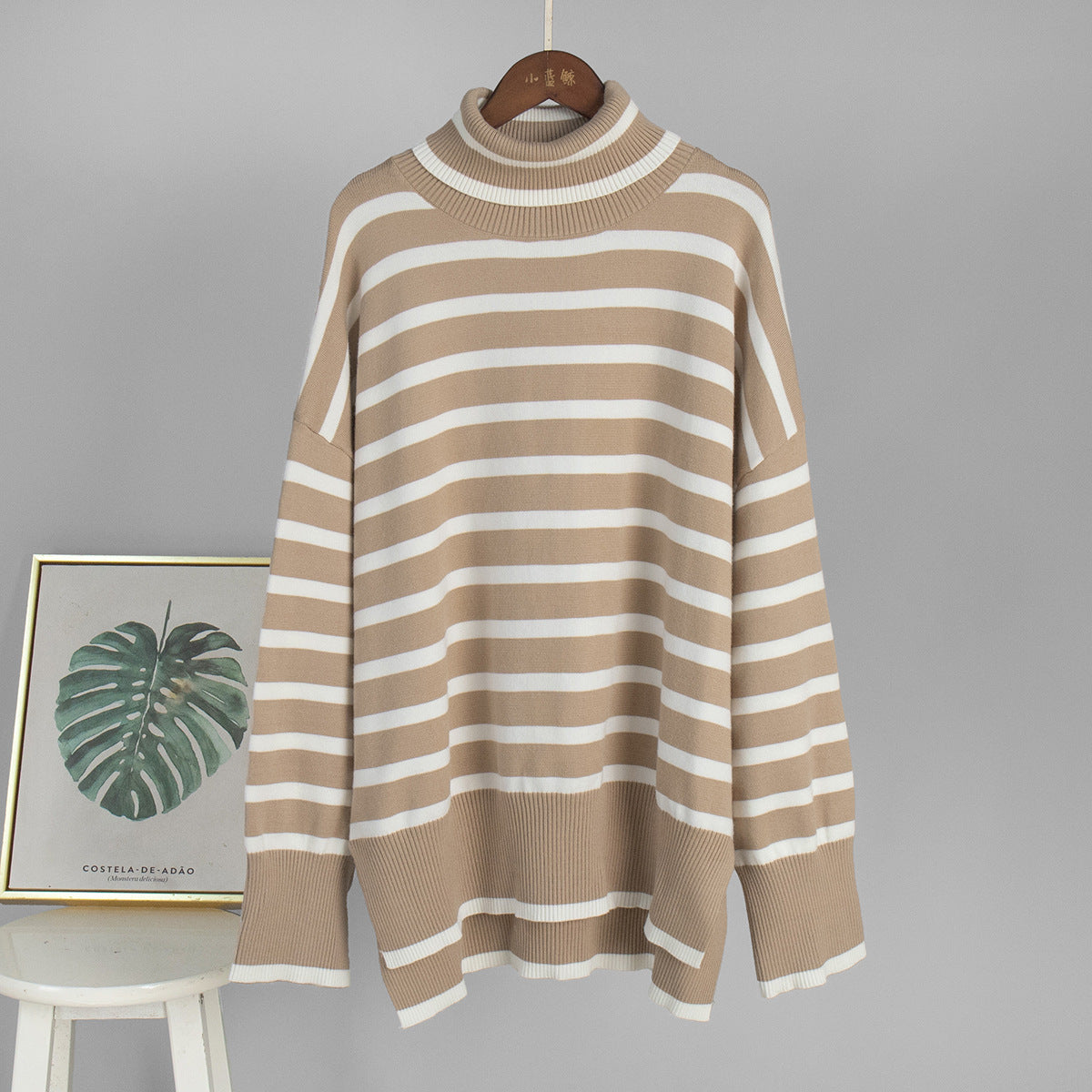 Turtleneck striped sweater women's Europe, America, autumn and winter new turtleneck pullover knitted sweater versatile loose sweater