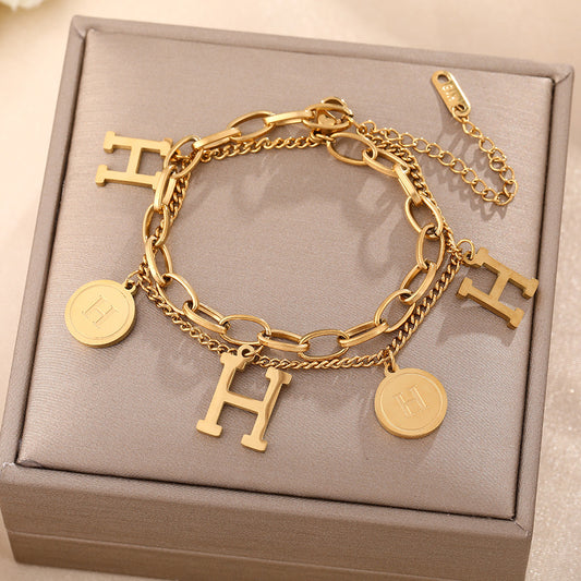 Europe and the United States cross-border fashion titanium steel bracelet women's double chain H letter light luxury temperament popular jewelry jewelry does not fade