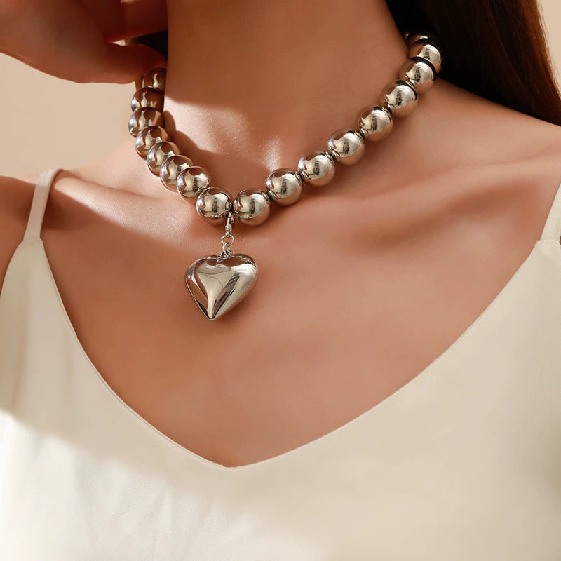European and American jewelry geometric exaggerated large round beads love pendant punk beaded collar collarbone chain necklace women