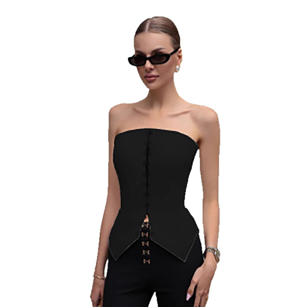 White tube top, European and American summer new metal buckle sleeveless top, sexy slim tube top woman  t-shirts