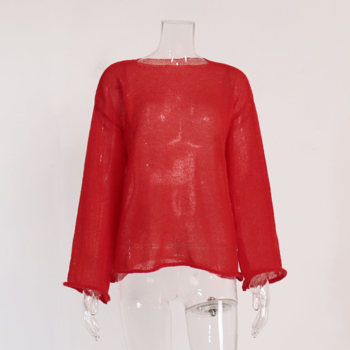 Hollow knitted sweater European, American spring and summer new women's perspective thin large round neck horn sleeve knitted T-shirt
