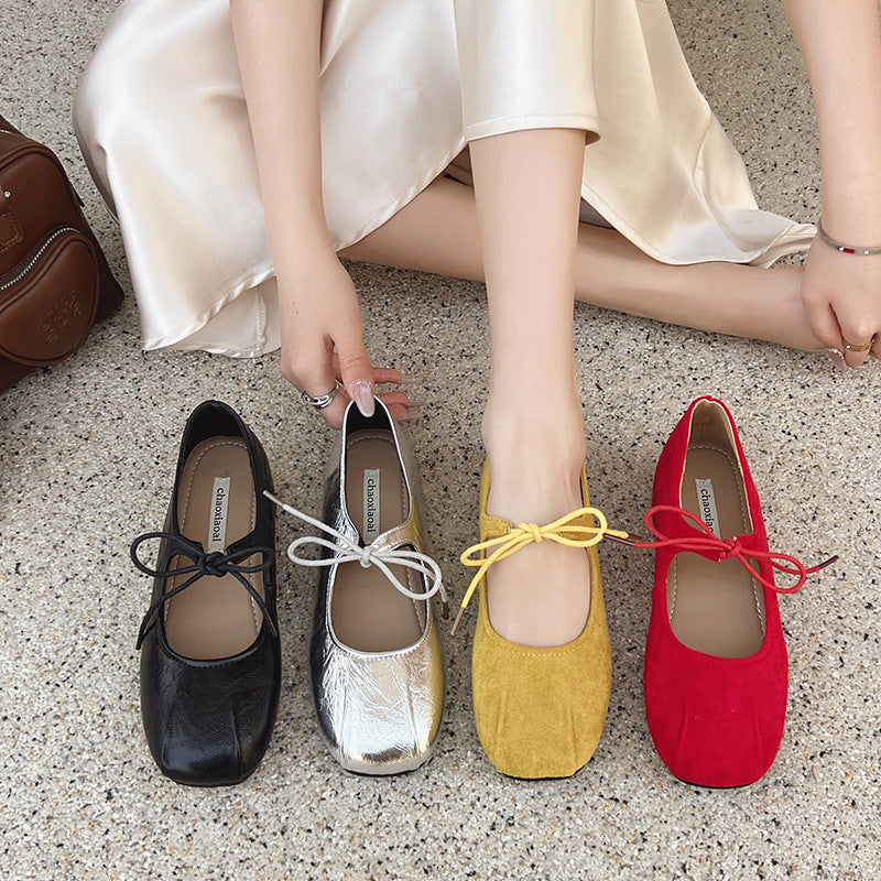 Vintage casual inner heightening single  beanie shoes women's  summer lace-up bow leather shoes comfortable ballet Mary Jane shoes
