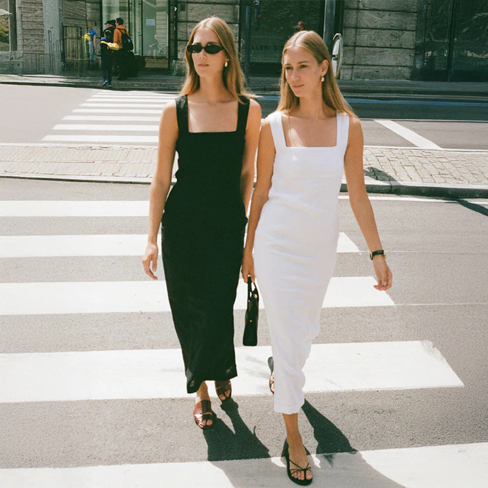 Cross-border simple solid color square neck suspender dress, European and American summer new slim cotton and linen long dress