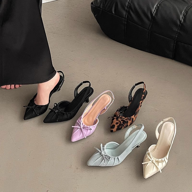French temperament pointed head wrinkled  head empty sandals women's  spring new bow gentle high heel single shoes