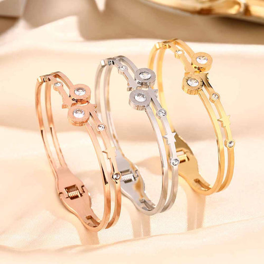 Cross-border new titanium steel bracelet female Roman double ring double diamond zircon high sense Internet celebrity bracelet creative fashion jewelry