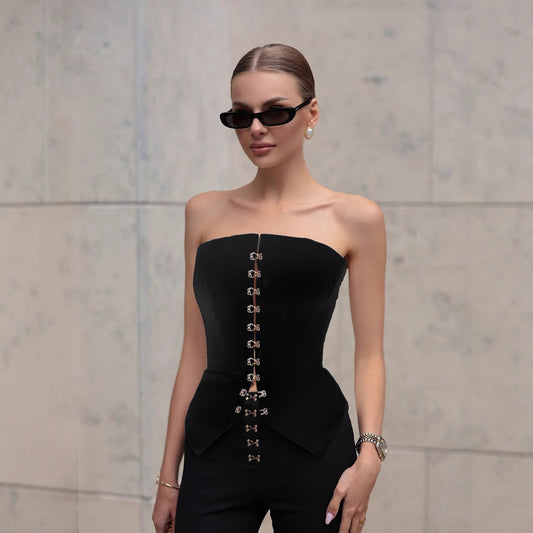 White tube top, European and American summer new metal buckle sleeveless top, sexy slim tube top woman  t-shirts