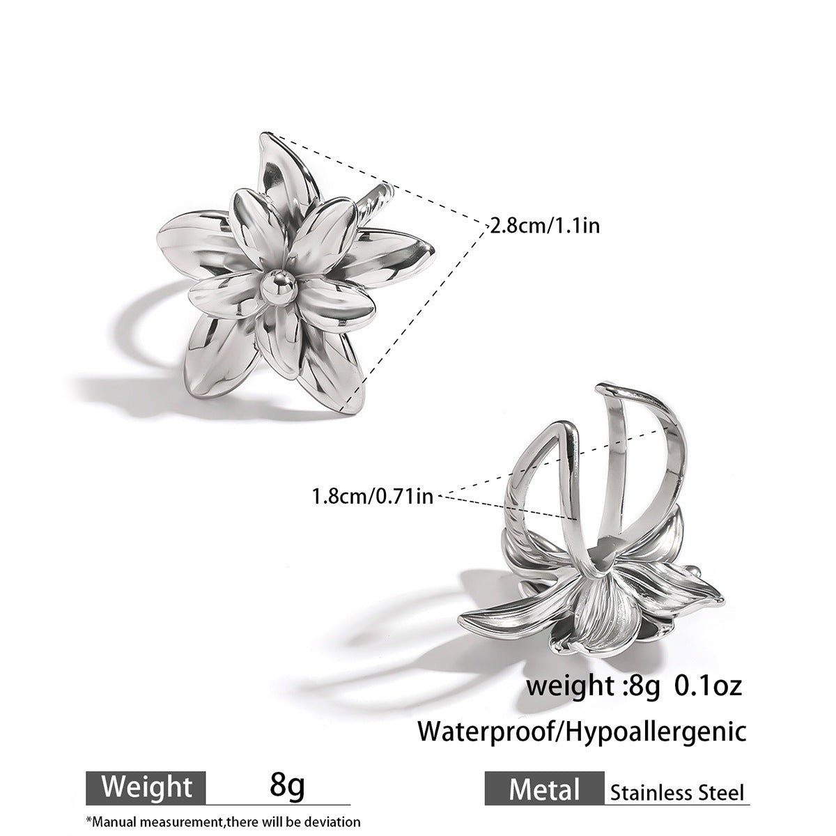Malt stainless steel non-fading flower rings female three-dimensional opening design ring exaggerated European and American jewelry