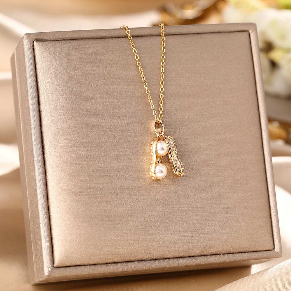 Korean version of cross-border hot-selling titanium steel necklace women's niche micro-inlaid high-grade pearl peanut pendant light luxury collarbone chain jewelry