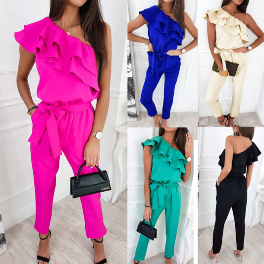 European and American women's clothing, casual shoulder fungus edge slim-fitting lace-up jumpsuit and pants  suits