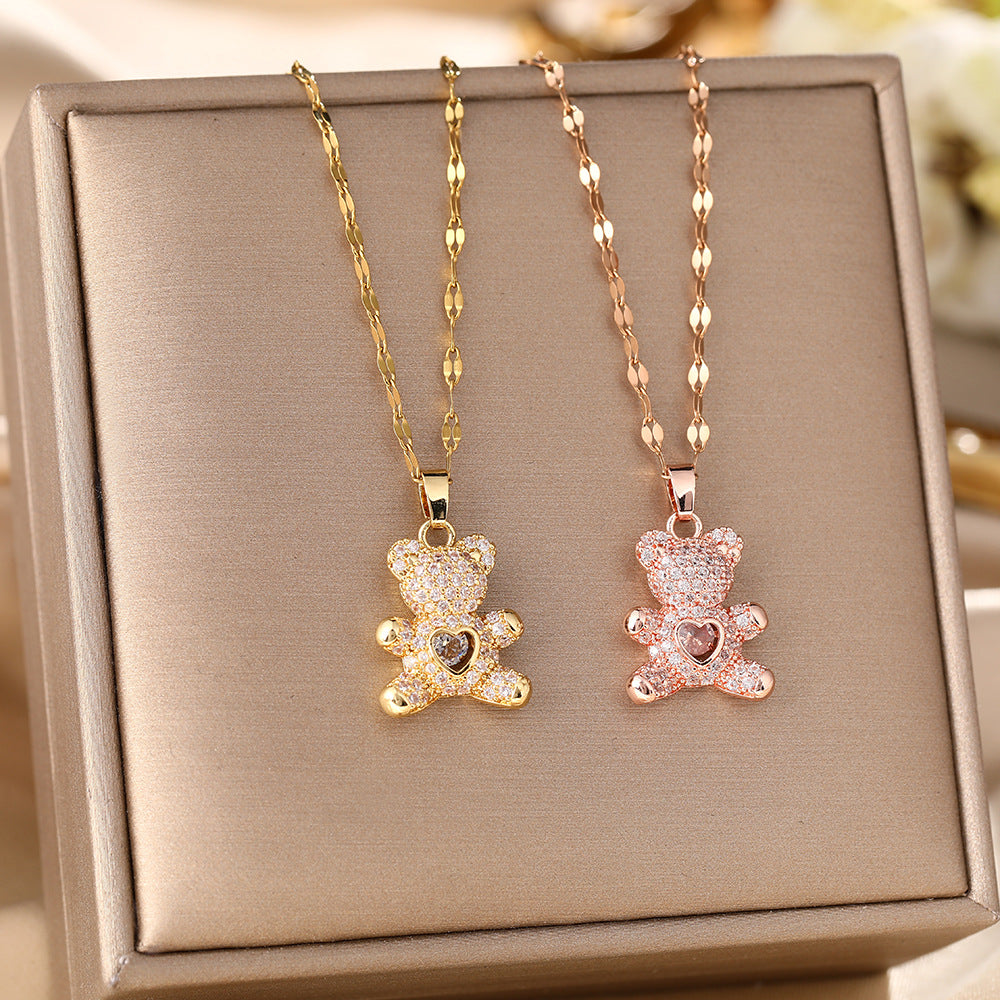 Korean version of the hot-selling titanium steel necklace women's micro-inlaid diamond teddy bear pendant versatile niche design collarbone chain jewelry