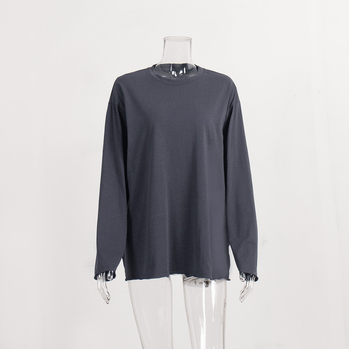 Pure cotton T-shirt women's European and American cross-border spring new loose solid color Oversize round neck long-sleeved t-shirts