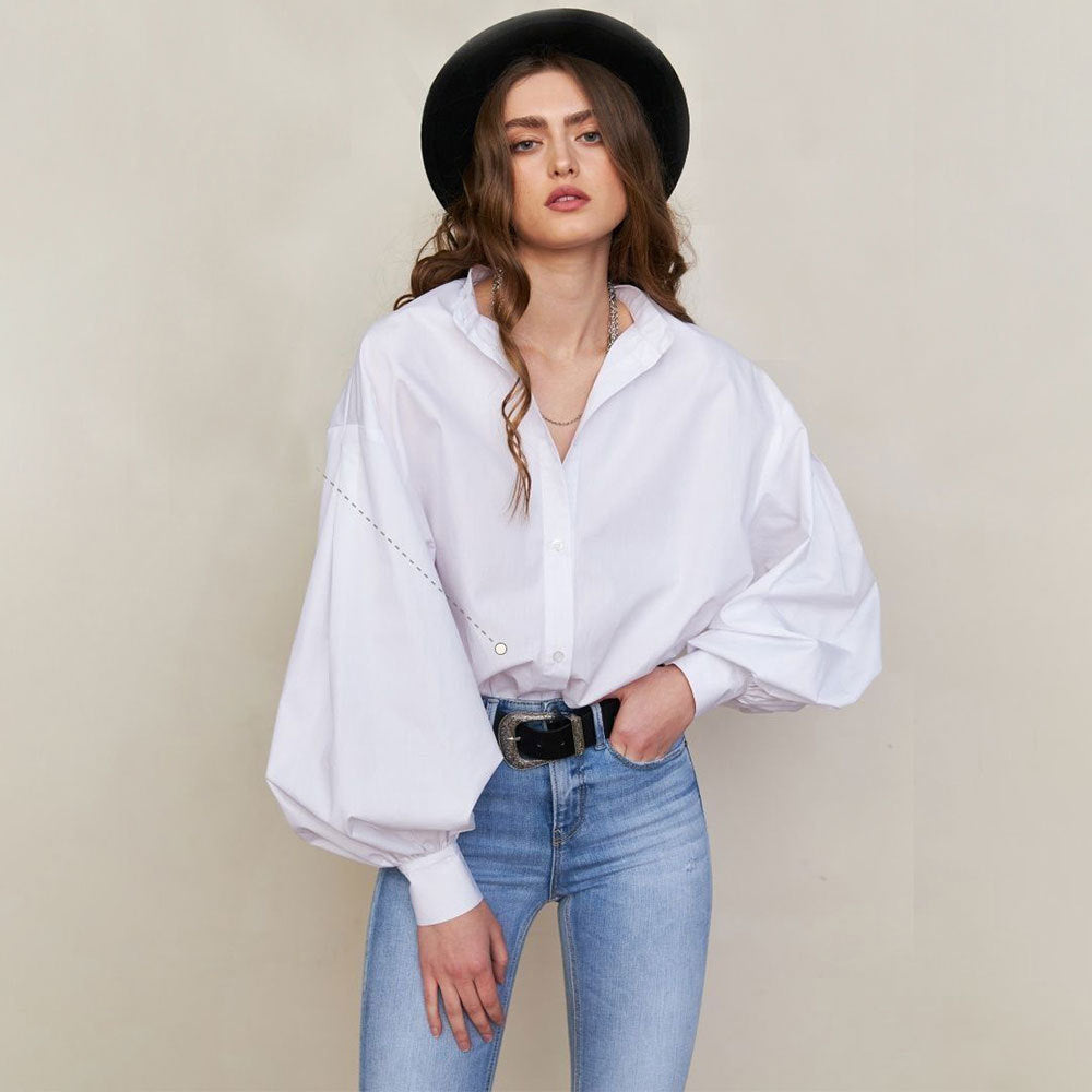 Lantern sleeve solid color shirt European and American spring and summer temperament Royal sister commuting versatile loose round neck shirt  t-shirts