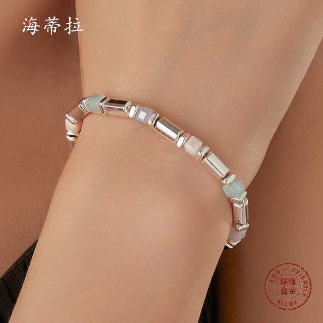 Original new small square beaded elastic bracelet, colored resin diamond cut loose beads women's jewelry