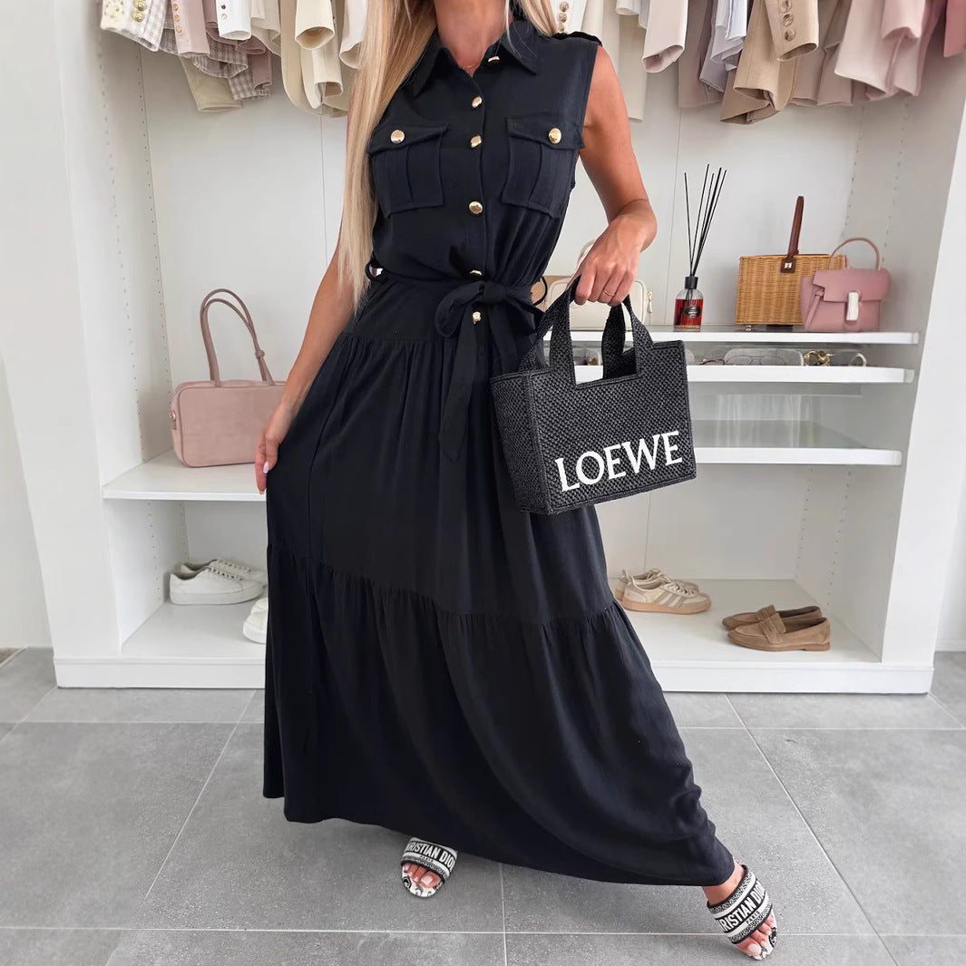 Summer European and American cross-border temperament commuter office dress solid color shirt collar single-breasted dress