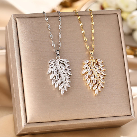 Titanium Steel Necklace Female Leaf Copper Inlaid Zircon Pendant Feather Leaf Clavicle Chain Love Wing Ornament
