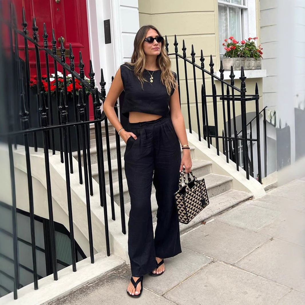 Linen vest trousers set European and American summer new sleeveless vest wide leg trousers casual suits