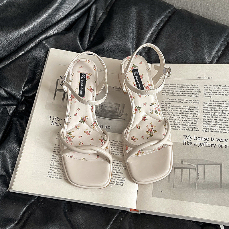French fairy style bow word with high heel sandals female  summer new floral small fresh open-toed sandals  slippers