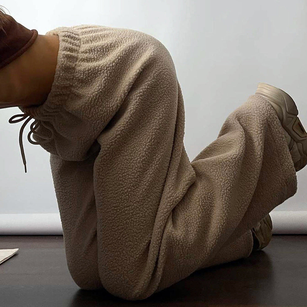 Lamb wool wide-leg trousers European, American autumn and winter new women's casual temperament commuter loose straight-leg trousers  pant