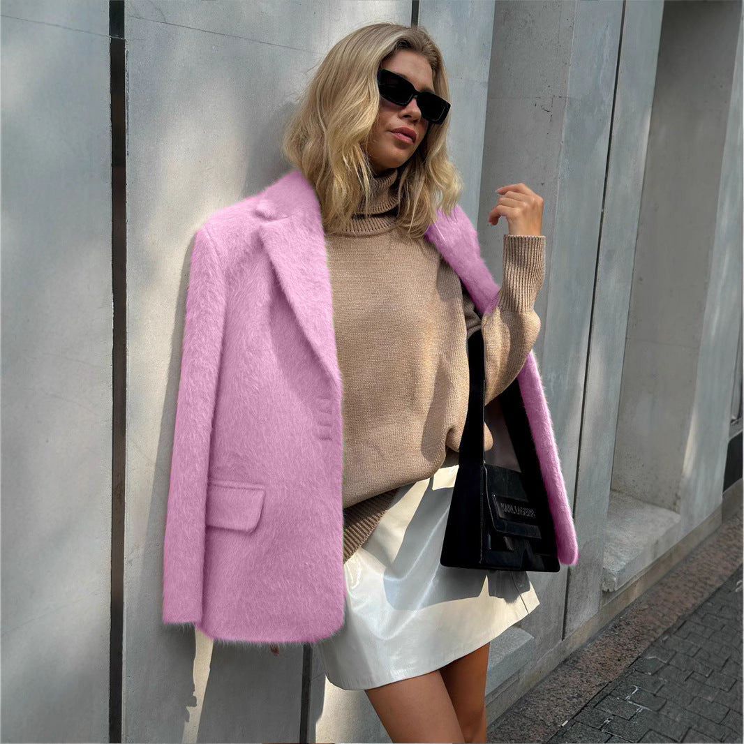 Celebrity style loose lapel plush jackets autumn and winter cross-border European and American INS explosion long-sleeved coat coat women