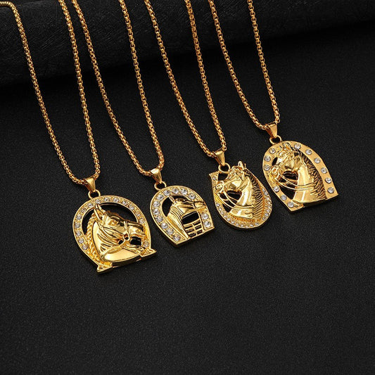 European and American popular hip hop hiphop jewelry, zinc alloy gold-plated diamond horse head pendant necklace