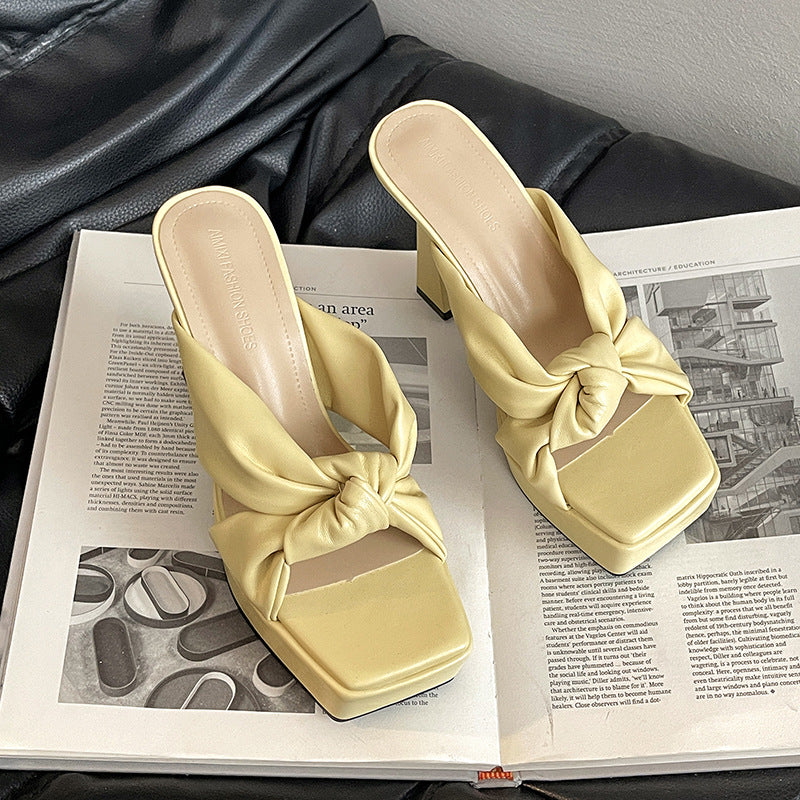 Fashion temperament bow women's thick heel one-word slippers summer French retro height-increasing and thin high-heeled cool slippers
