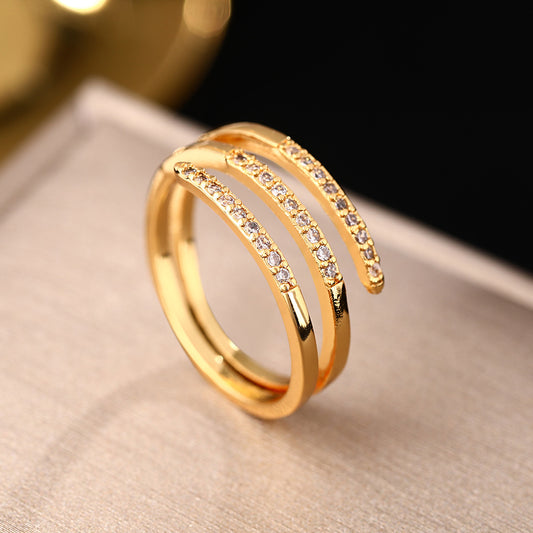 Korean version of multi-layer interwoven diamond-encrusted rings women's hot sale exquisite simple cold wind design geometric index finger ring hand jewelry