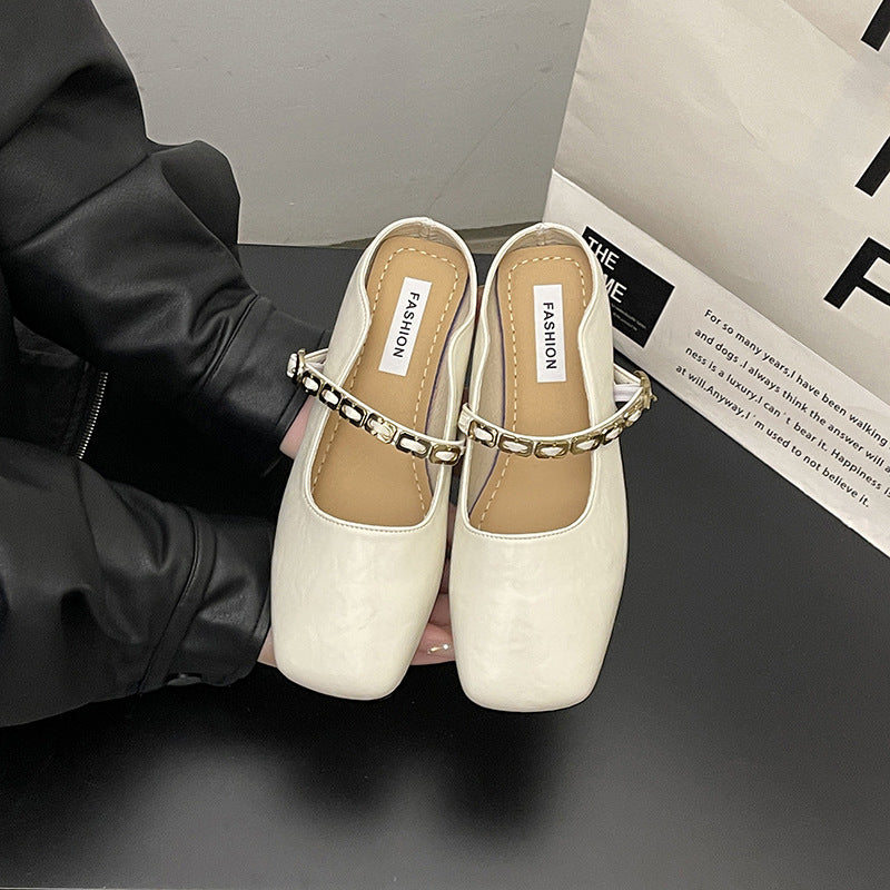 French bag head half slippers women's outer wear  spring and summer new Korean version square head flat bottom one pedal Mary Jane single shoes
