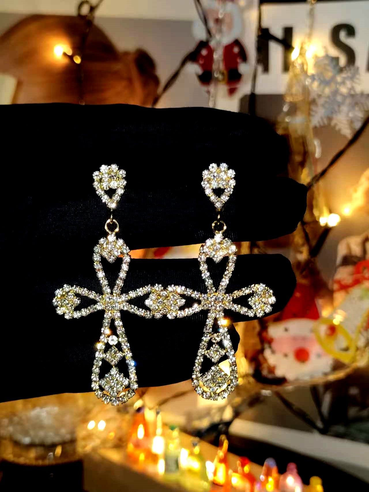 DINGKA high-end luxury flash diamond hollow cross long earrings women's temperament versatile earrings copper ear jewelry