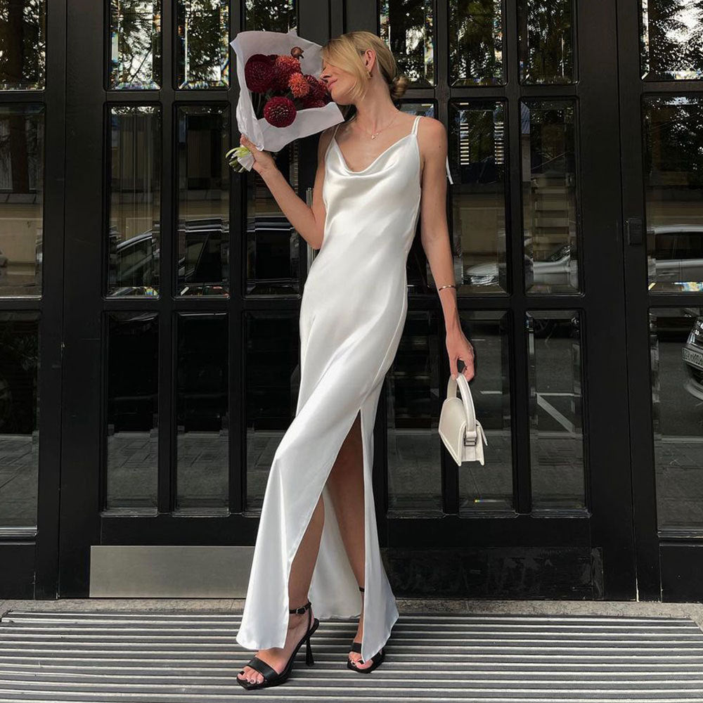 Swinging neck suspender dress European and American summer new hot high split backless strap suspender skirt