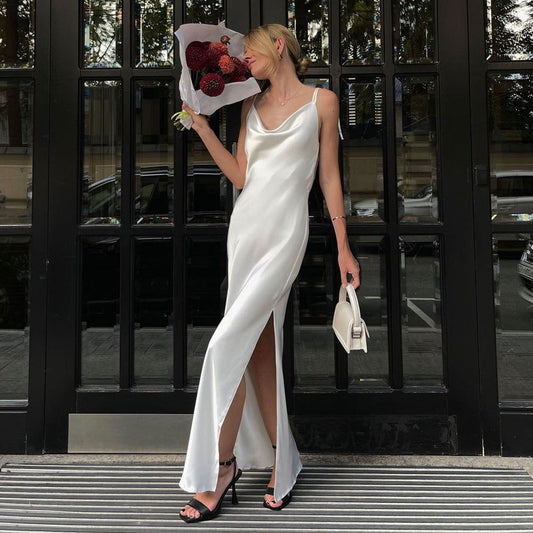 Swinging neck suspender dress European and American summer new hot high split backless strap suspender skirt