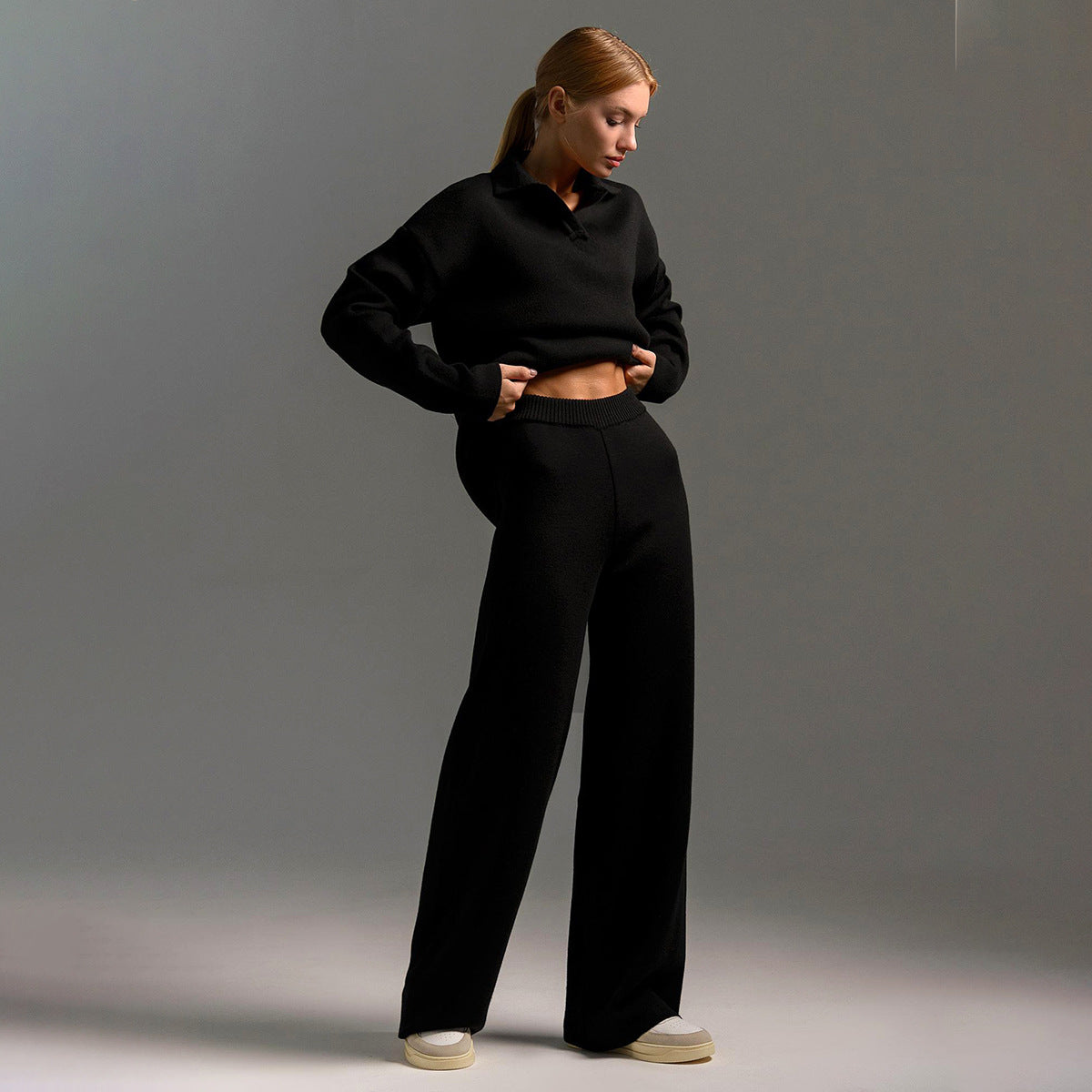Knitted set European and American autumn and winter sweater set Polo neck knitted jumper + wide-leg trousers two-piece set  suits