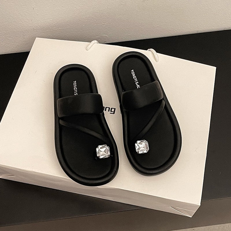 Fashion tribe Internet celebrity rhinestone cool slippers women's summer wear  spring new one-word strap foot thick bottom drag