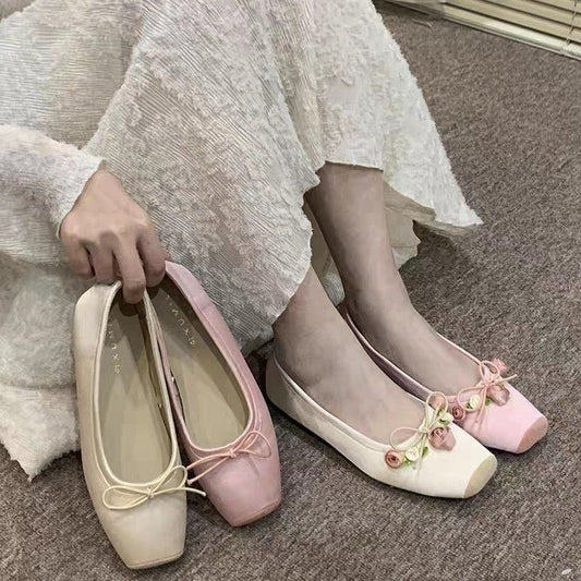 Ballet shoes single  beanie shoes women's  spring new flat temperament socialite wear square head Mary Jane shoes bridesmaid