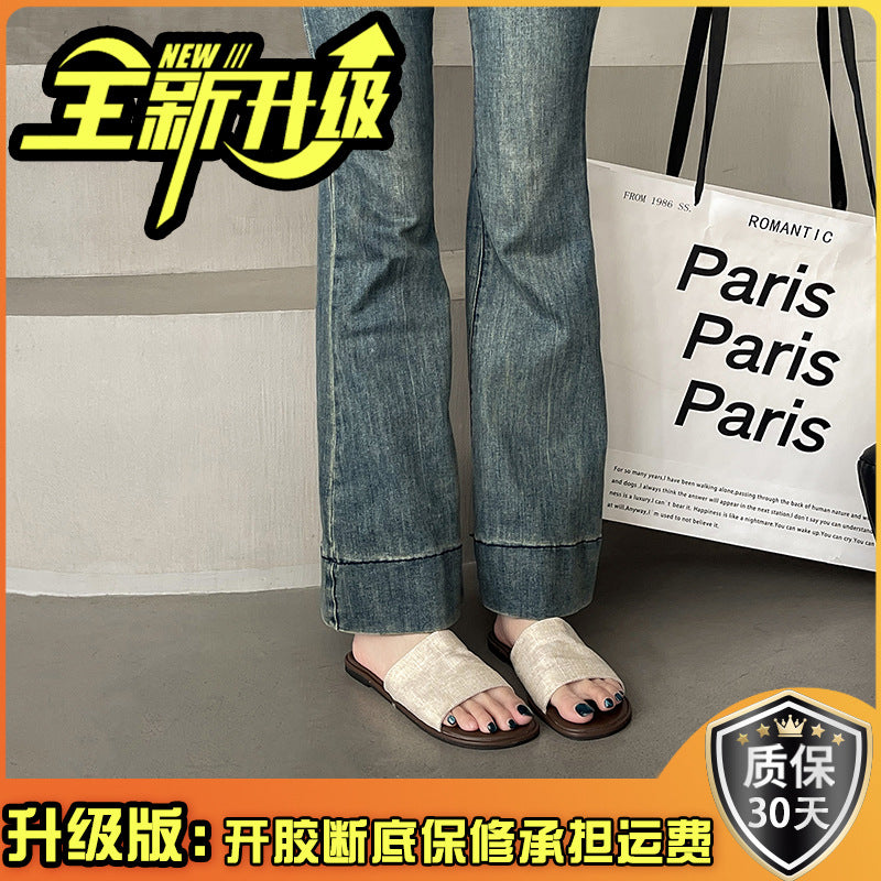 Retro Mori sandals one-word slippers women's  summer new wear soft-soled beach vacation wind flat sandals