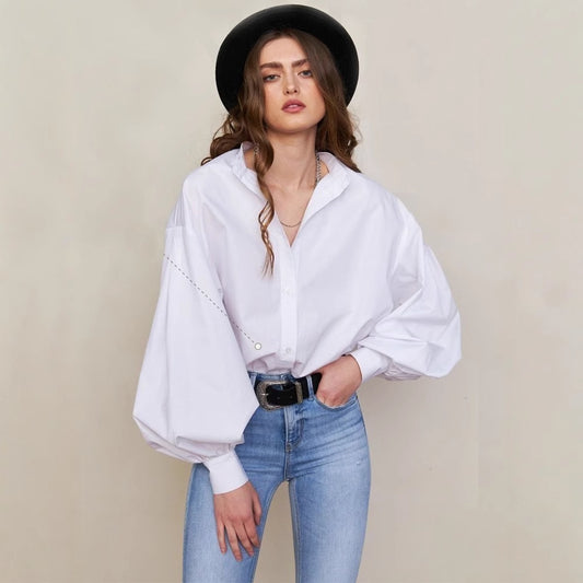 Lantern sleeve solid color shirt European and American spring and summer temperament Royal sister commuting versatile loose round neck shirt  t-shirts
