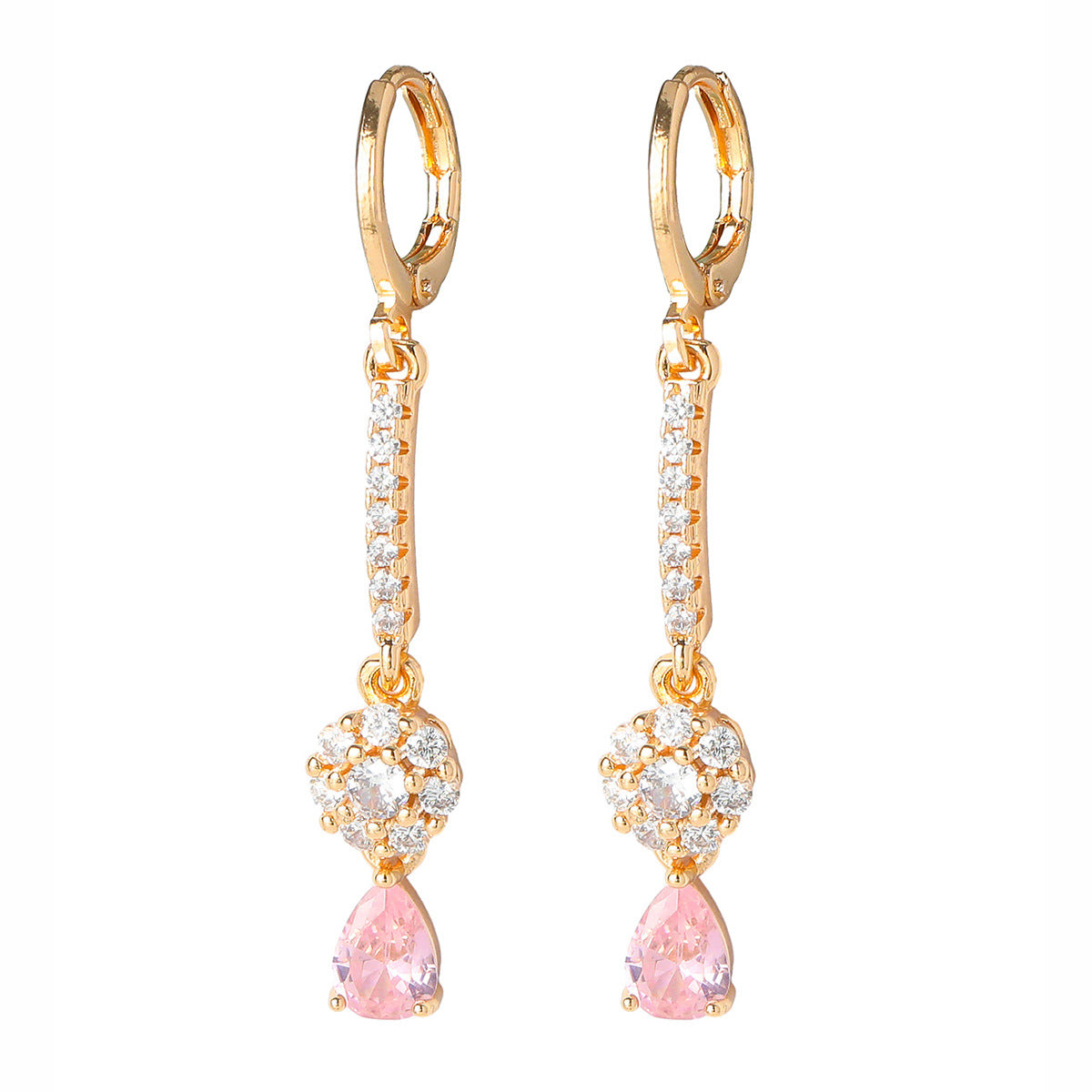 Town card, classic trendy pink water drop ear buckle women, fashionable versatile zircon earrings, personalized copper ear jewelry