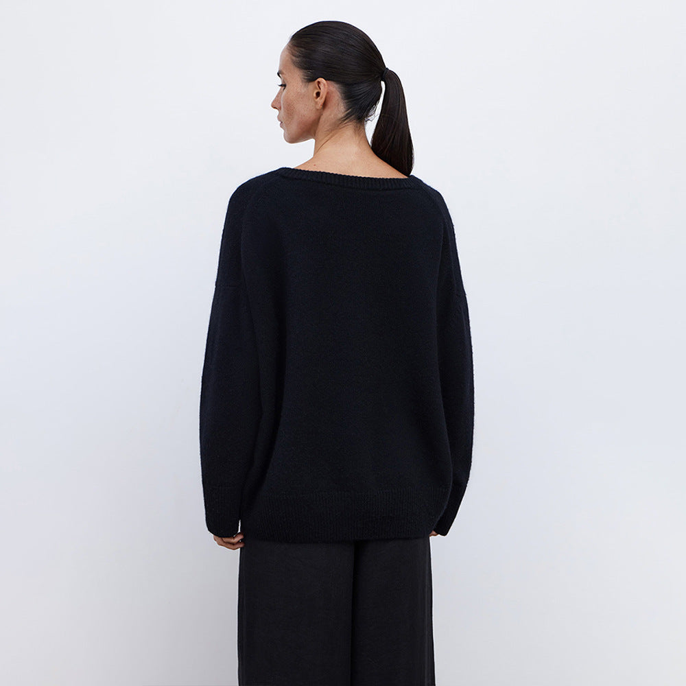 V-neck sweater women's autumn and winter European and American solid color versatile pullover sweater loose knitted sweater