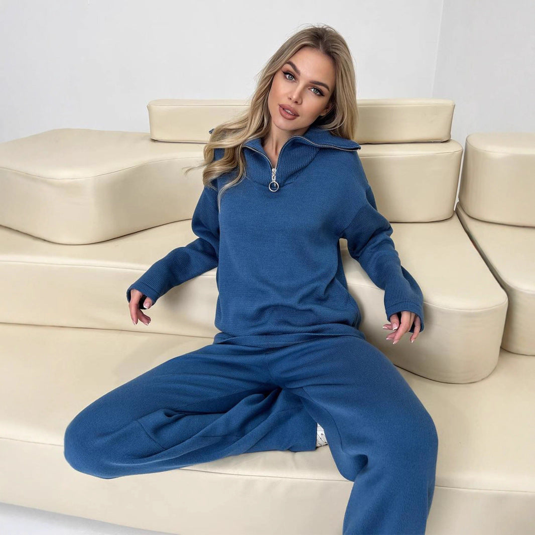 High-neck half-zipper long-sleeved wide-leg trousers suit, European, American autumn and winter new knitted casual suits for women