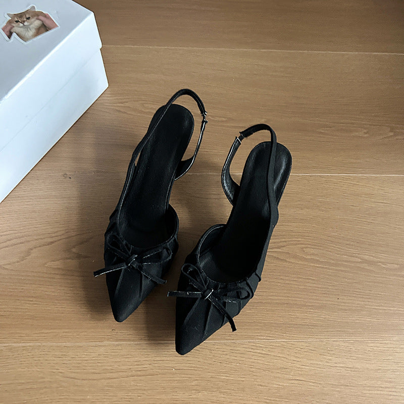 French temperament pointed head wrinkled  head empty sandals women's  spring new bow gentle high heel single shoes
