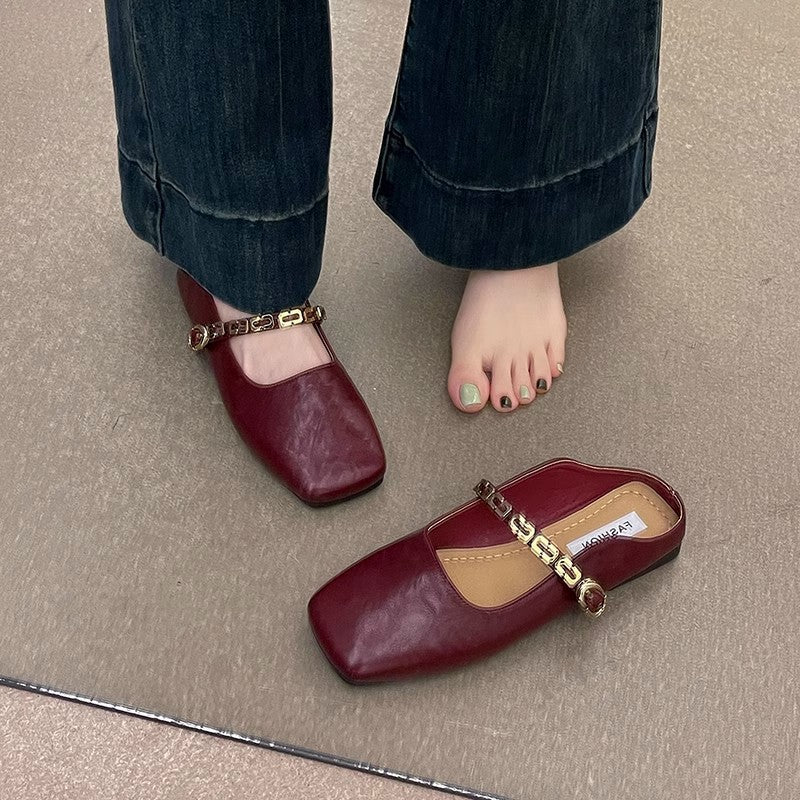 French bag head half slippers women's outer wear  spring and summer new Korean version square head flat bottom one pedal Mary Jane single shoes