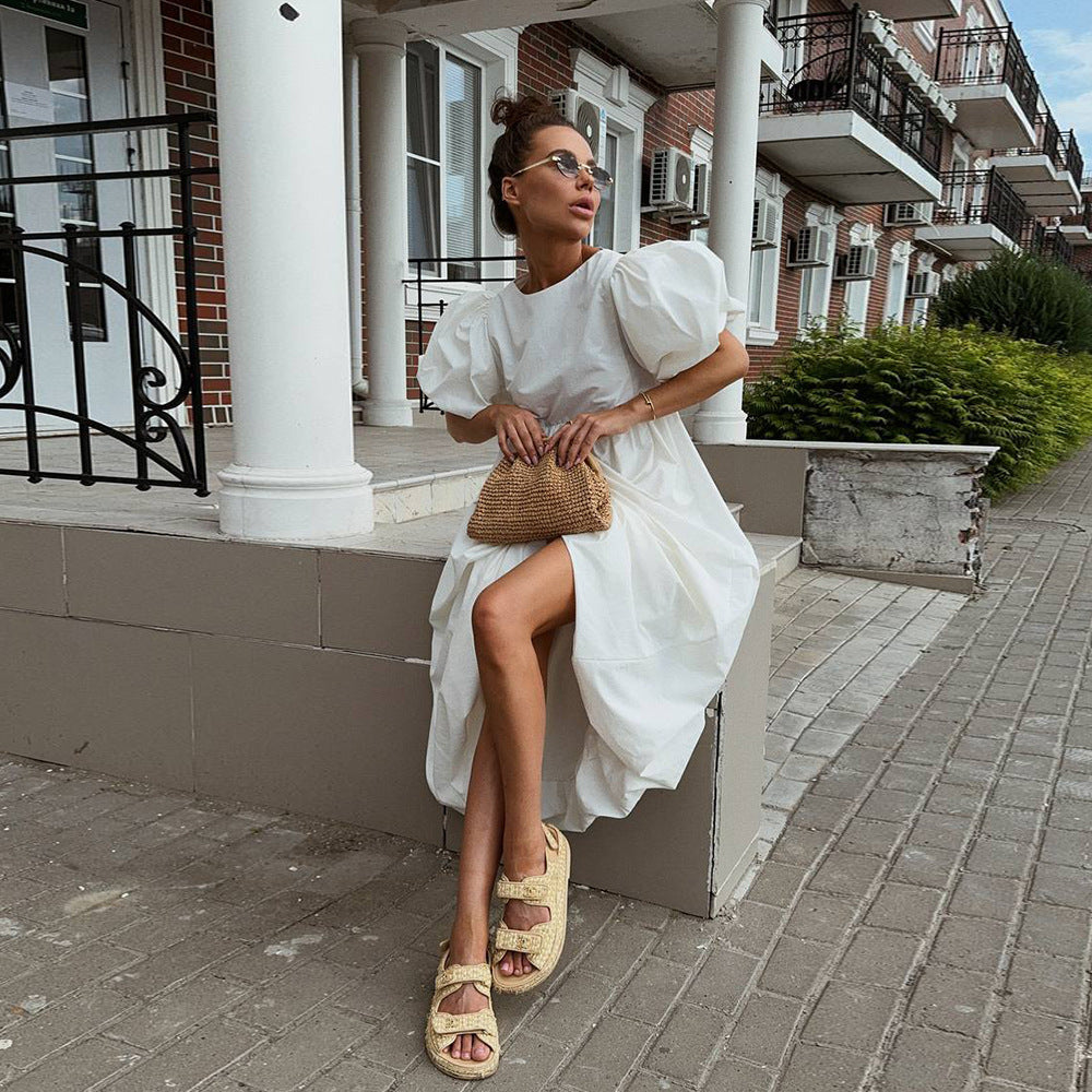 Pure cotton round neck bubble sleeve dress European and American spring and summer new solid color loose casual dress women