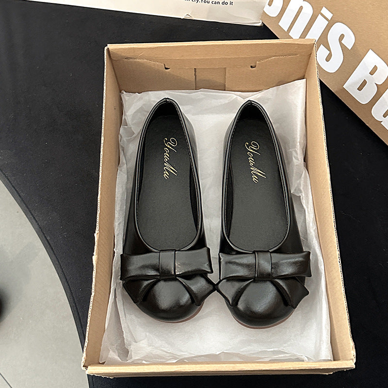 48 hours delivery, new Korean version of gentle temperament, round head, shallow mouth bow, versatile four-season single beanie shoes, flat women's shoes