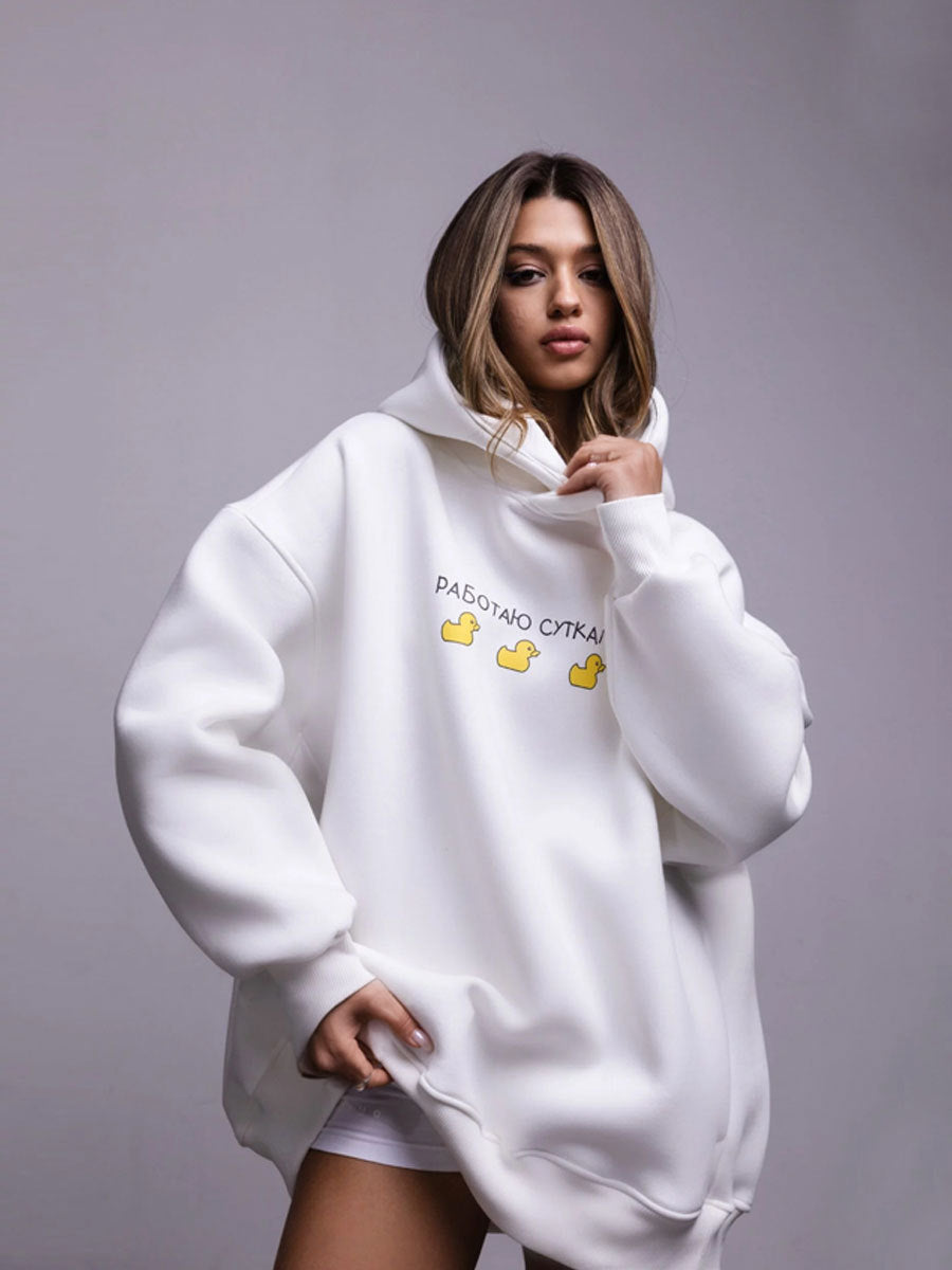 Medium and long hooded sweater, European, American autumn and winter women's three ducks printed loose casual hooded sweater