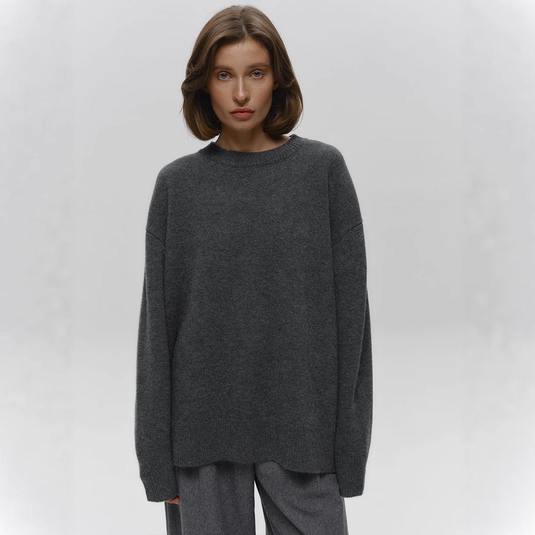 Crew neck dark sweater European, American autumn and winter new loose warm simple pullover solid color knitted sweater