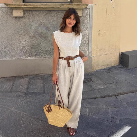 Linen vest trousers set European and American summer new sleeveless vest wide leg trousers casual suits