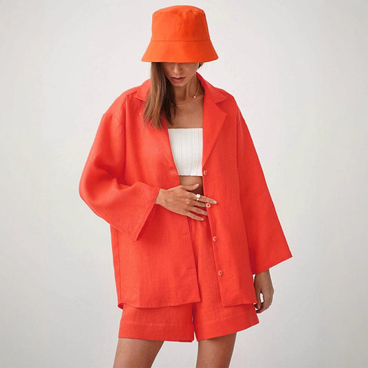 Pure cotton shorts set for women's European and American summer lapel loose single-breasted shirt + high-waisted straight-leg pants two-piece set   suits