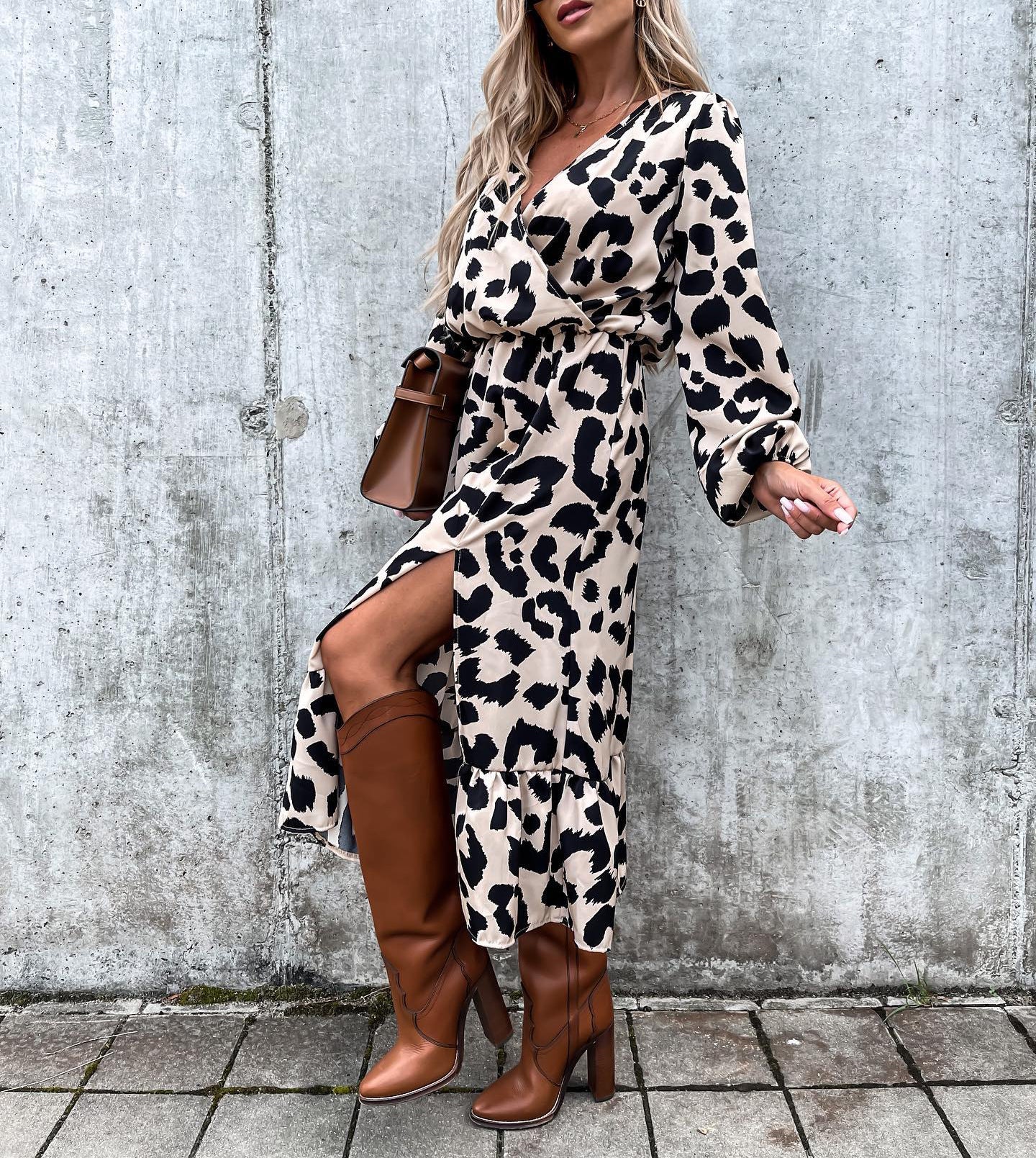 Cross-border European and American foreign trade women's clothing autumn and winter new temperament slim-fitting pullover printed dress